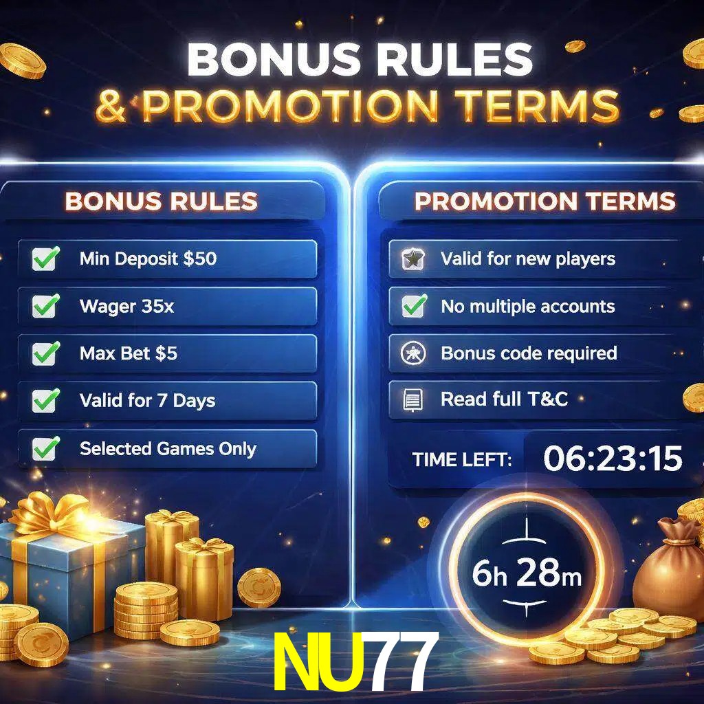 Reglas de promoción NU77 y condiciones de bonos explicadas visualmente