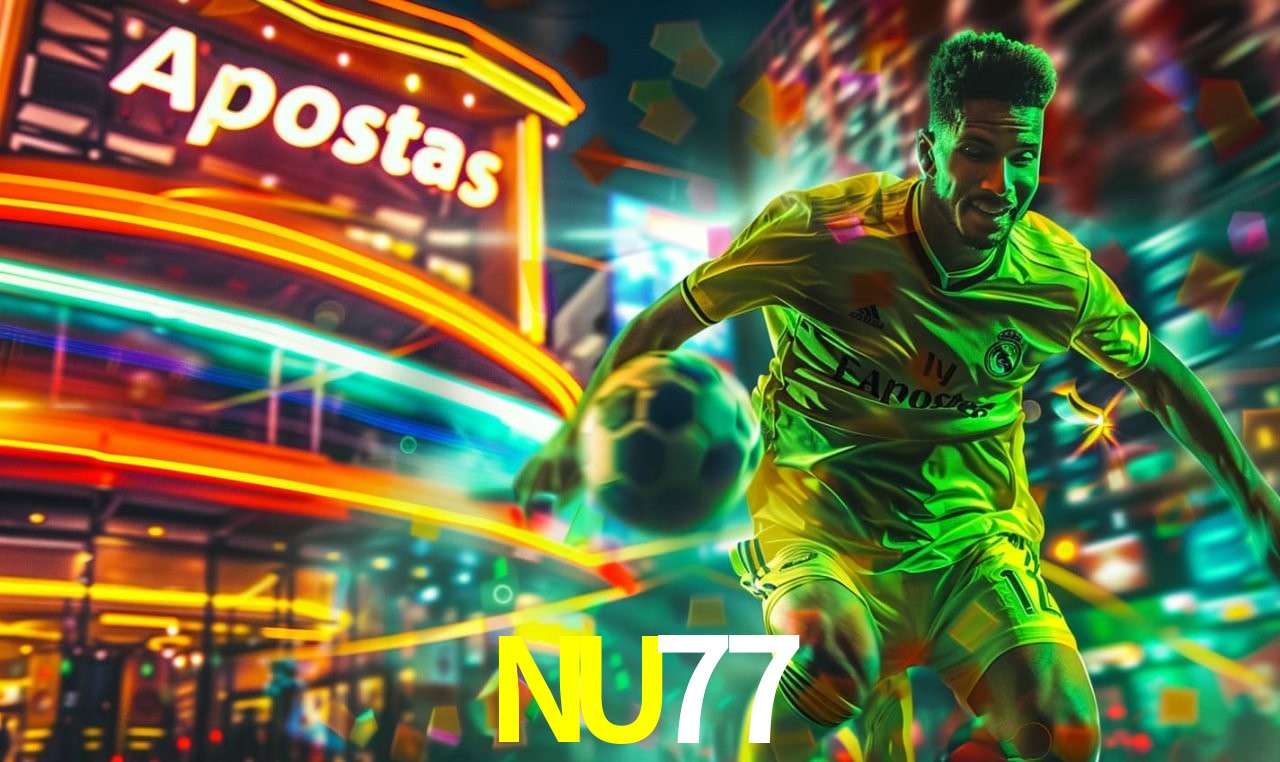 Escena dinámica inspirada en casino con iluminación NU77, cartas, fichas e íconos de juegos digitales en un espacio moderno de juegos.