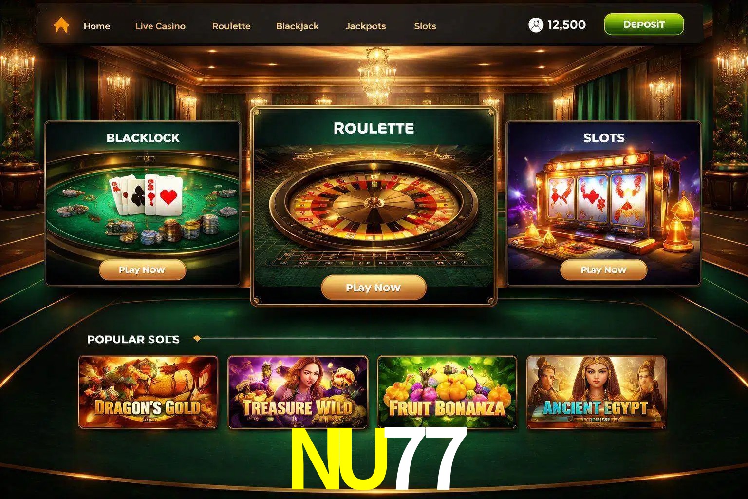 Vista de la plataforma NU77 Casino mostrando categorías organizadas de juegos en línea
