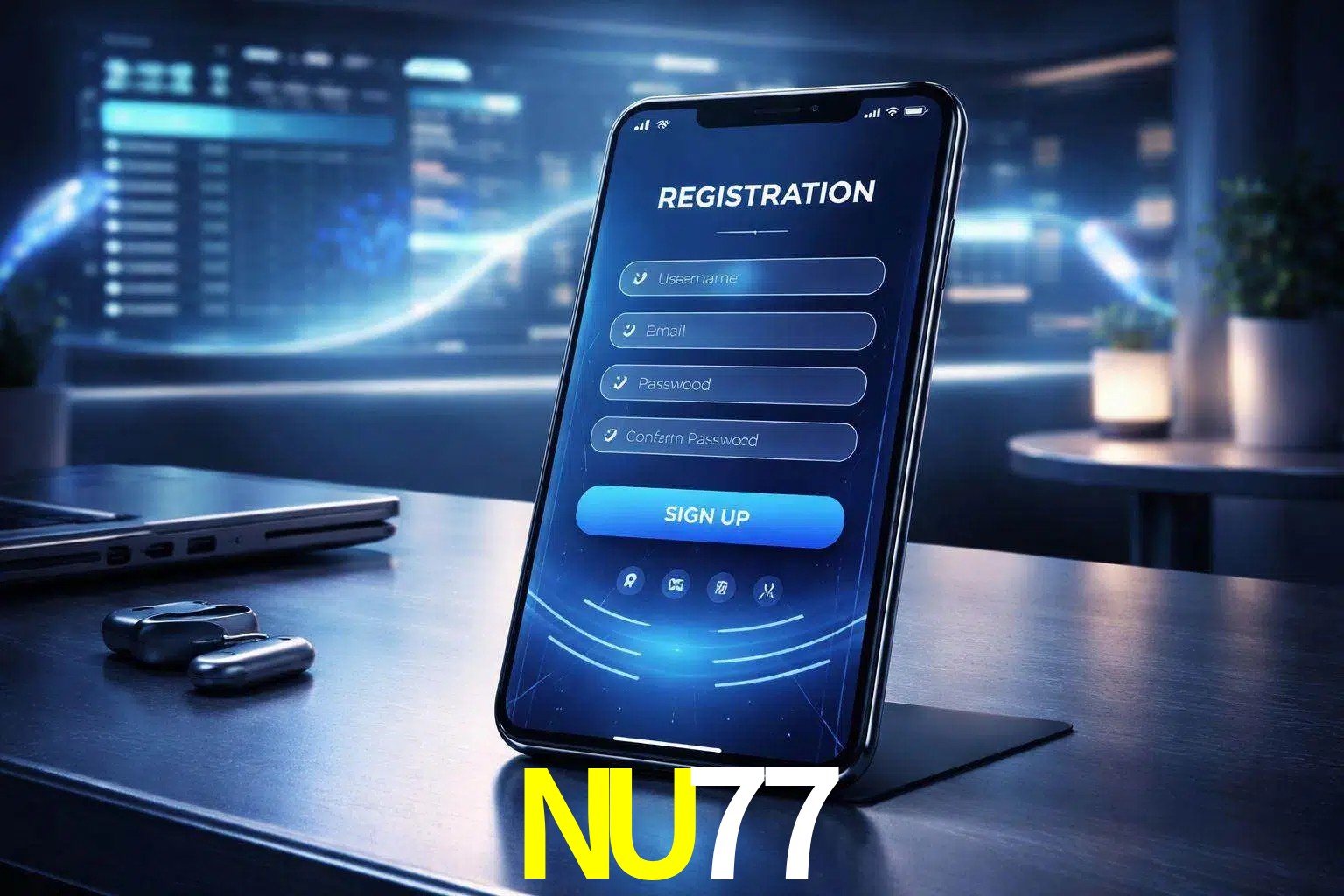 Una interfaz moderna de registro móvil para NU77 mostrada en un smartphone con un panel de apuestas elegante.